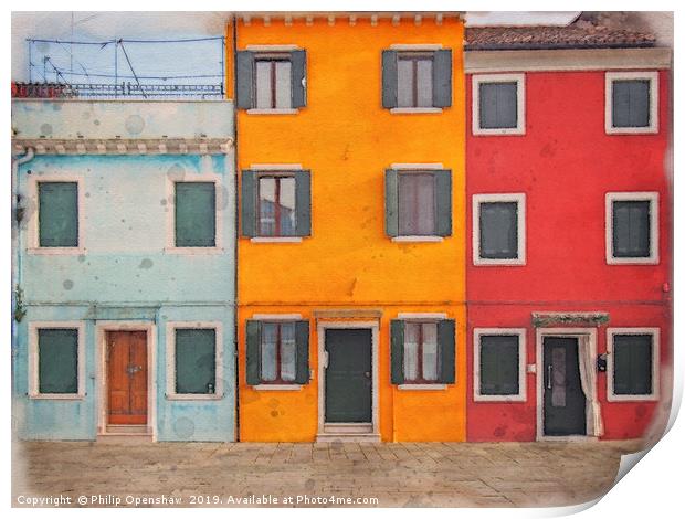 a row of colorful painted houses in Burano Print by Philip Openshaw