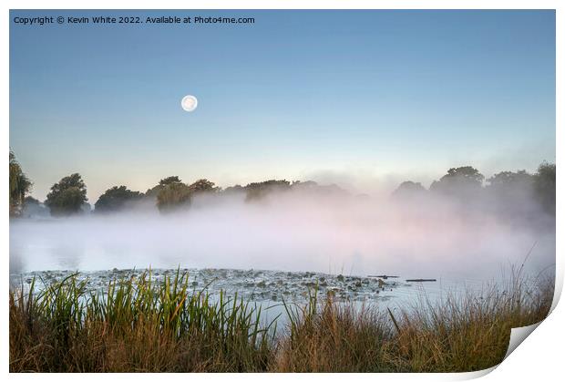 Misty pond with moon in the sky Print by Kevin White