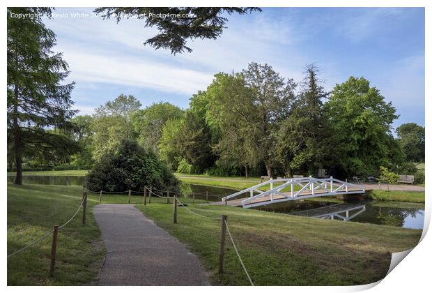 Painshill Park path down to wooden bridge Print by Kevin White