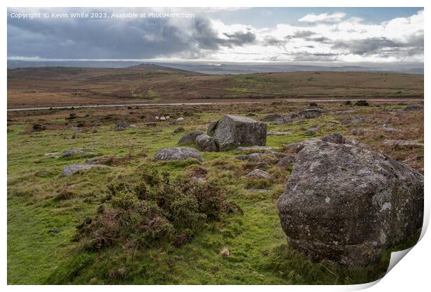 Rugged desolate Dartmoor with single road in background Print by Kevin White