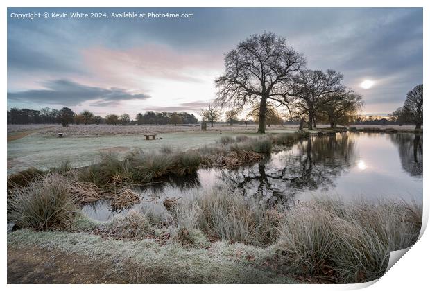 Misty sunrise over frosty pond Print by Kevin White