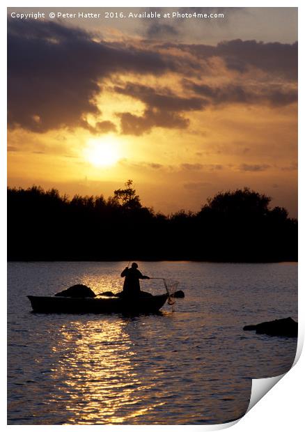 Fishing in a boat at sunset. Print by Peter Hatter