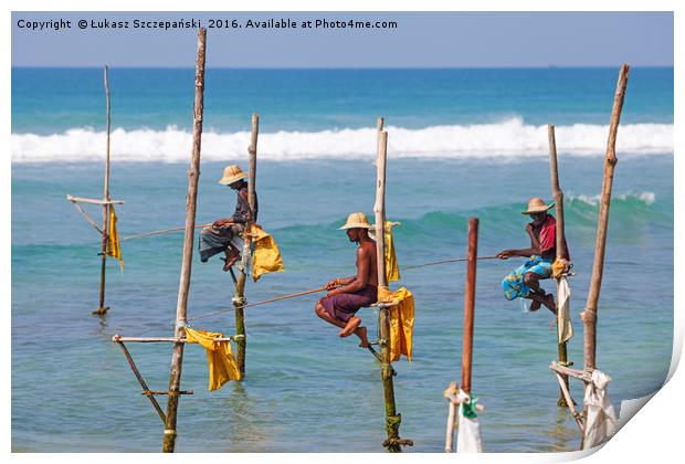 Stilt fishing, Weligama, Sri Lanka Print by Łukasz Szczepański
