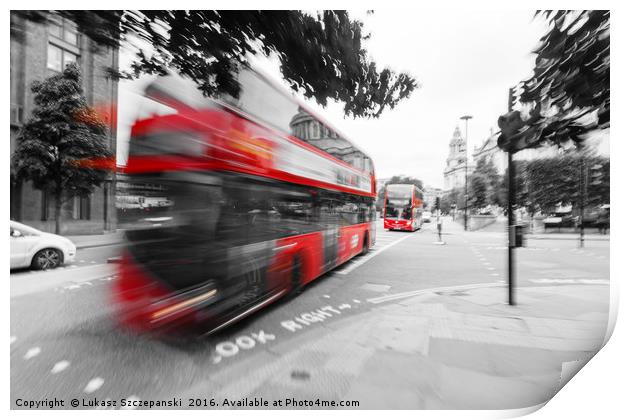 Red double-decker bus on the street of London Print by Łukasz Szczepański