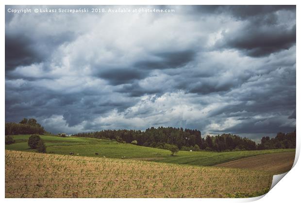 Stormy cloudscape over fields and pasture  Print by Łukasz Szczepański