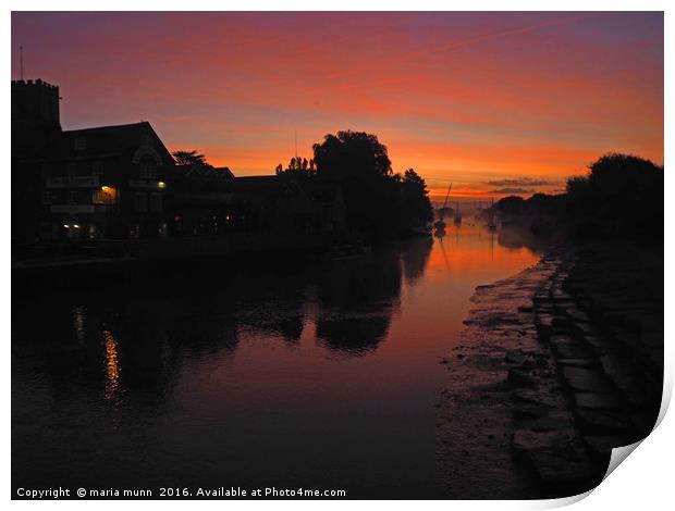 Sunrise at The Old Granary, Wareham Quay, Dorset Print by maria munn
