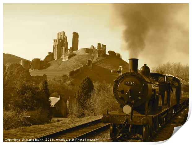 Steam Train at Corfe Castle, Dorset Print by maria munn