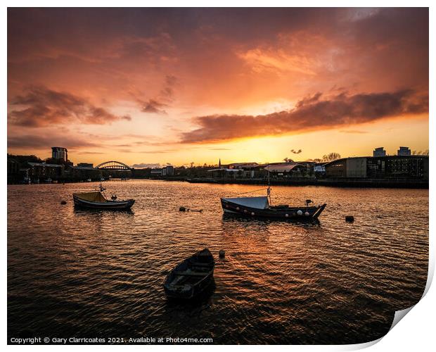 Fishing Boats at Sunset Print by Gary Clarricoates