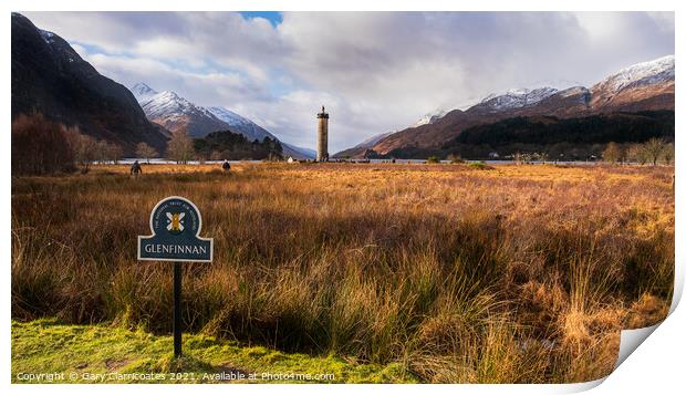 Glenfinnan Monument with snow capped mountains Print by Gary Clarricoates