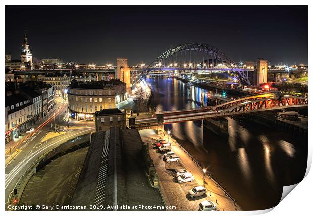 Newcastle Bridges at Night Print by Gary Clarricoates