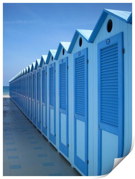 Blue Beach Huts in Italy Print by Carla Lock