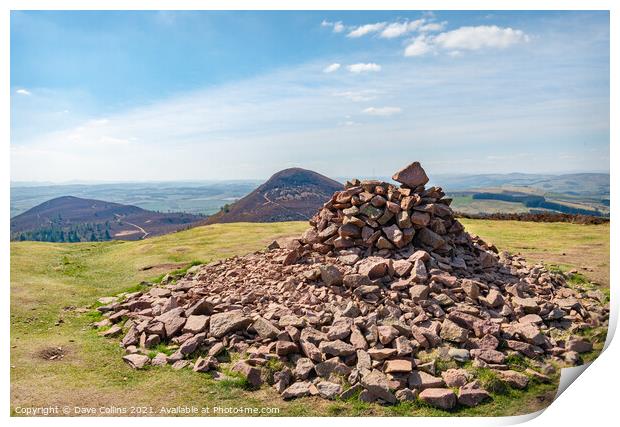 Rock pile at the top of Eildon Hill North looking towards Eildon Mid Hill and Eildon Wester Hill Print by Dave Collins