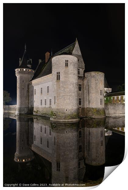 Night Reflections of Château de Sully-sur-Loire and the surrounding moat, Sully-sur-Loire, France Print by Dave Collins
