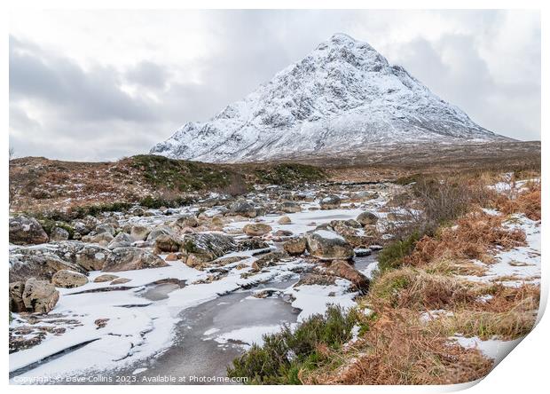 Partly frozen River Coupall with Buachaille Etive Mor and Stob Deargin the background,  Glen Coe, Highlands, Scotland Print by Dave Collins