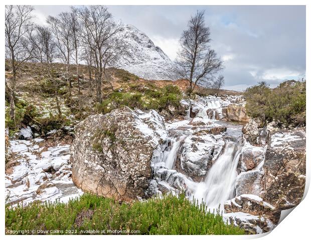 Partly frozen Waterfall on the River Coupall with Buachaille Etive Mor and Stob Deargin the background,  Glen Coe, Highlands, Scotland Print by Dave Collins