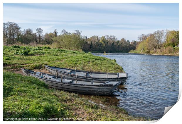 Small fishing boats beached by the River Tweed in Kelso, Scottish Borders, UK Print by Dave Collins