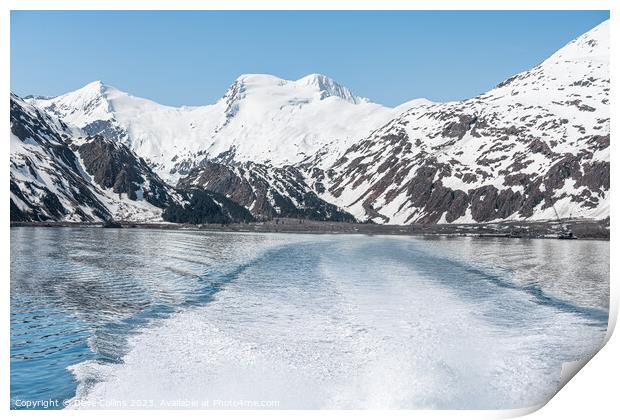 The wake of a boat and the mountains around Price William Sound, Alaska, USA Print by Dave Collins