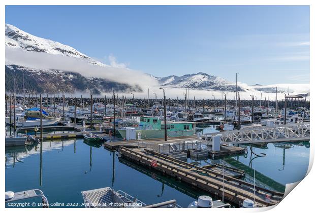 Outdoor Pleasure and Fishing boats in Whittier marina with clouds and mist hanging on the mountains behind, Alaska, USA Print by Dave Collins