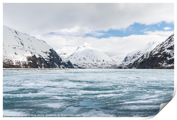 Ice sheets covering Portage Lake,  from the Begich Boggs Visitor Center with Bard Peak in the distance Print by Dave Collins