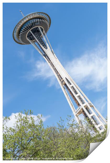 Dutch angle view of the Space Needle from Seattle Center, Seattle, Washington, USA Print by Dave Collins