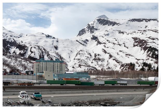 The Begich Towers Condominium building and snow covered mountains behind, Whittier, Alaska, USA Print by Dave Collins