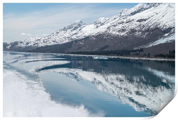 Snow capped mountains reflected in the waters of  Prince William Sound  with floating ice in Alaska, USAtain Print by Dave Collins