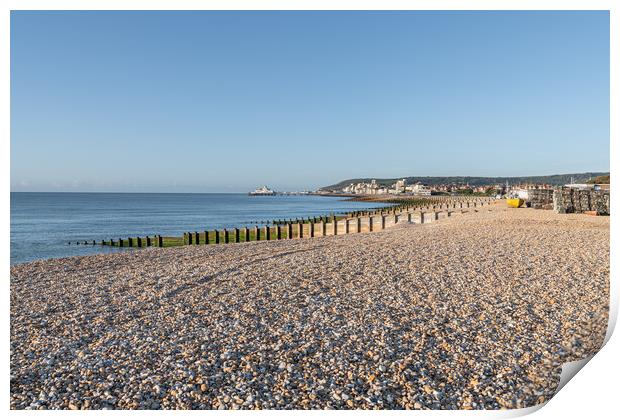 Eastbourne Pier, town and Beach with a clear blue sky and calm seas, Eastbourne, England Print by Dave Collins