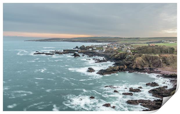 Long exposure of the sea, rocky coastline, Town and Harbour, St Abbs, Scotland Print by Dave Collins