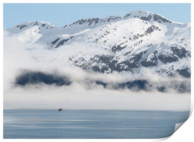 Boat approaching fog on the mountains and sea in Passage Canal, Whittier, Alaska USA Print by Dave Collins