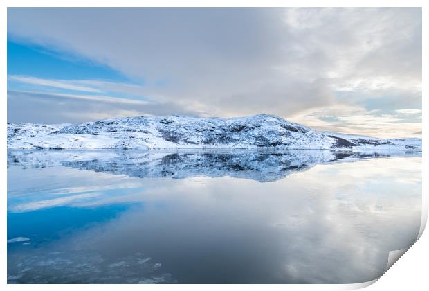 Norway - snow on an island in a smooth sea Print by Dave Collins