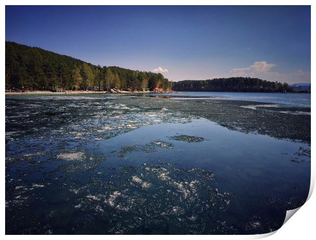 Spring landscape with ice drift on the lake.   Print by Larisa Siverina