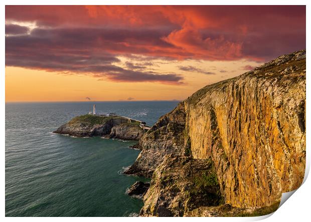 BloodRed Sunset at South Stack Lighthouse Print by Colin Allen