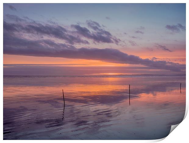 Sunset and the Sticks on Pendine Beach. Print by Colin Allen