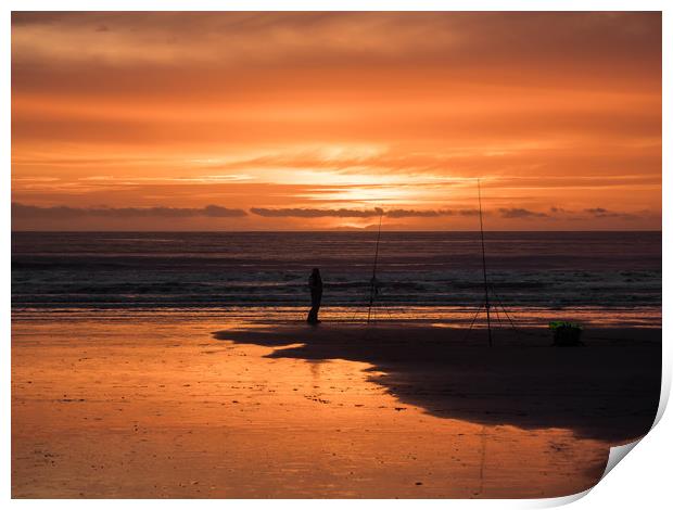 Fisherman and a Glorious Sunset at Newgale. Print by Colin Allen