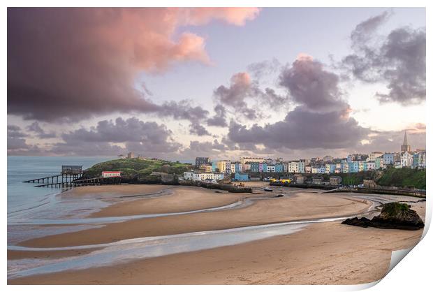 Tenby Harbour and North Beach in Winter. Print by Colin Allen
