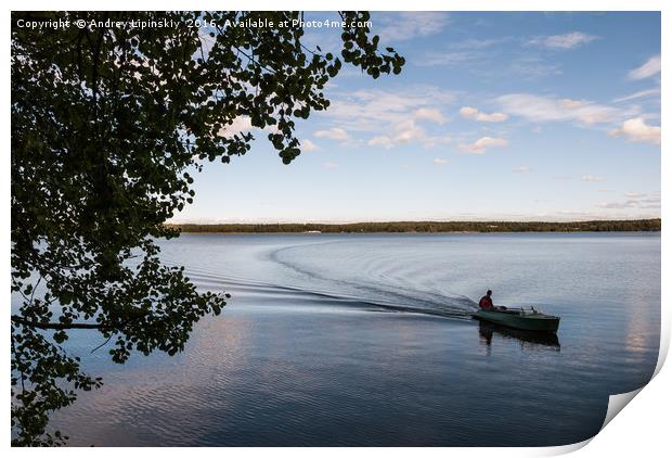 The boat floats on the lake. V Print by Andrey Lipinskiy