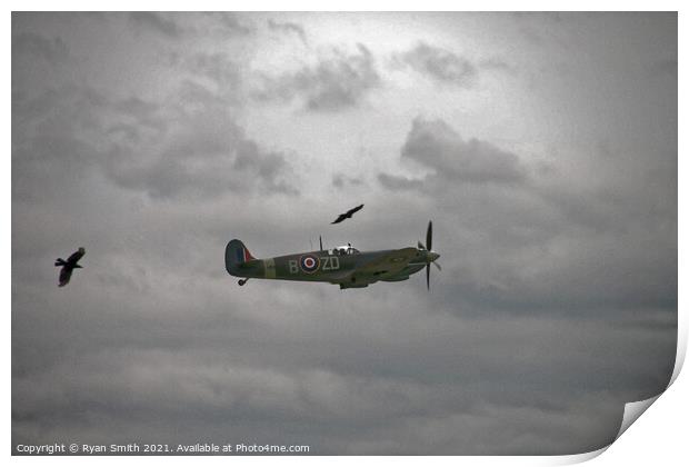 Spitfire on a cloudy day with birds flying alongside Print by Ryan Smith