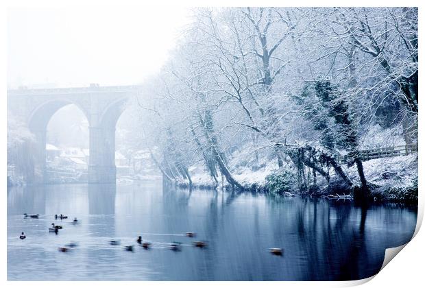Knaresborough Viaduct in winter snow Print by mike morley