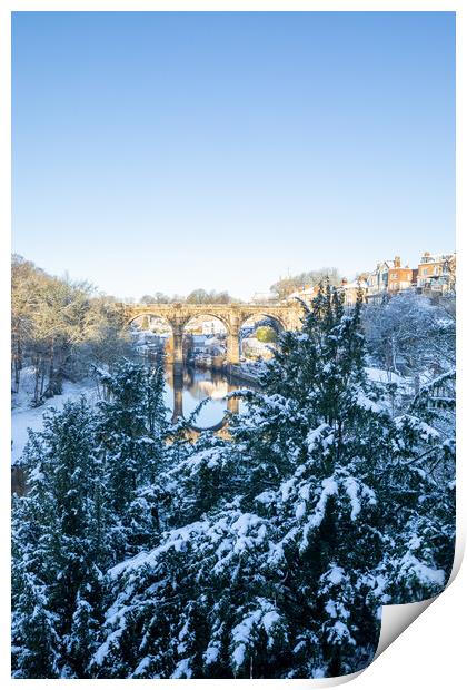 Winter snow sunrise over the river Nidd in Knaresborough, North Yorkshire. vertical Panoramic format. Print by mike morley