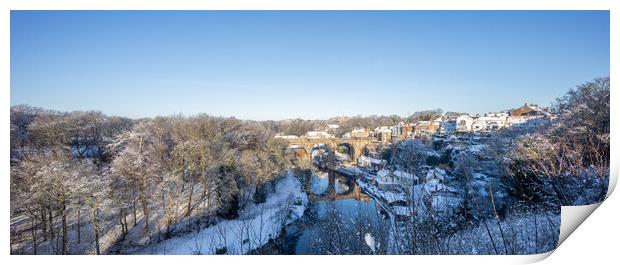 Winter snow sunrise over the river Nidd in Knaresborough, North Yorkshire. Panoramic format. Print by mike morley