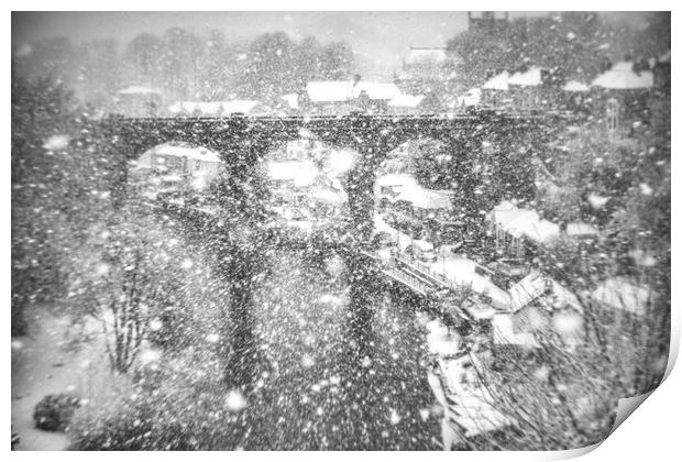 Winter snow storm over the railway viaduct at Knaresborough, North Yorkshire, UK Print by mike morley