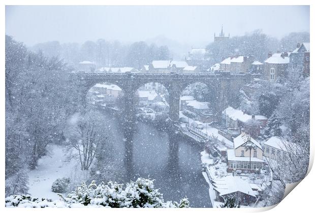 winter snow over Knaresborough Viaduct Print by mike morley