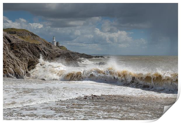Mumbles lighthouse breaking wave Print by Bryn Morgan