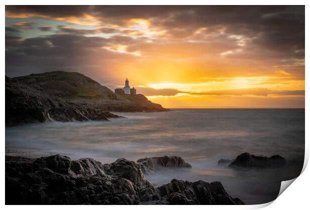Sunrise at Mumbles lighthouse Print by Bryn Morgan