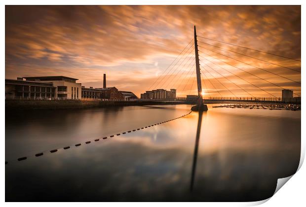 Swansea marina at sunrise with view of the Sail br Print by Bryn Morgan