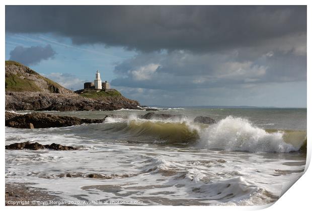 Mumbles lighthouse viewed from Bracelet bay Print by Bryn Morgan