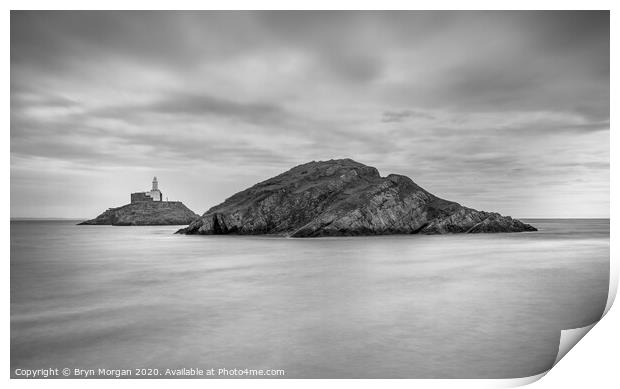 Mumbles lighthouse from Mumbles bay, black and white Print by Bryn Morgan