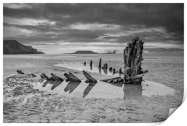 Wreck of the Helvetia at Rhossili Print by Bryn Morgan