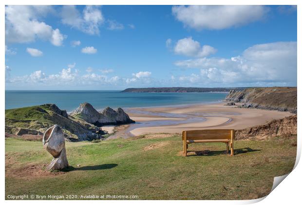 Bench overlooking Three Cliffs Bay Print by Bryn Morgan