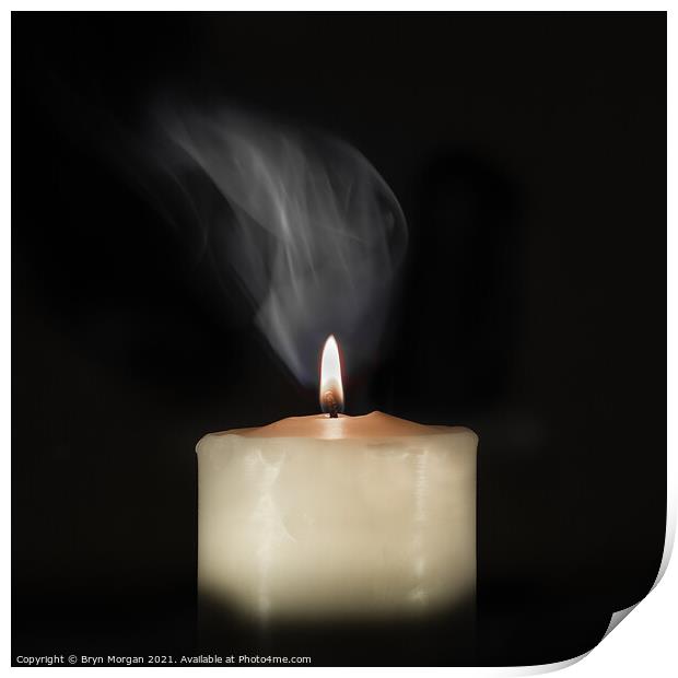 Burning candle with rising smoke Print by Bryn Morgan